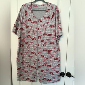 DREAMS CO. Women's Mid-Calf Cotton Knit Zippered Robe Grey/Red Print 1X